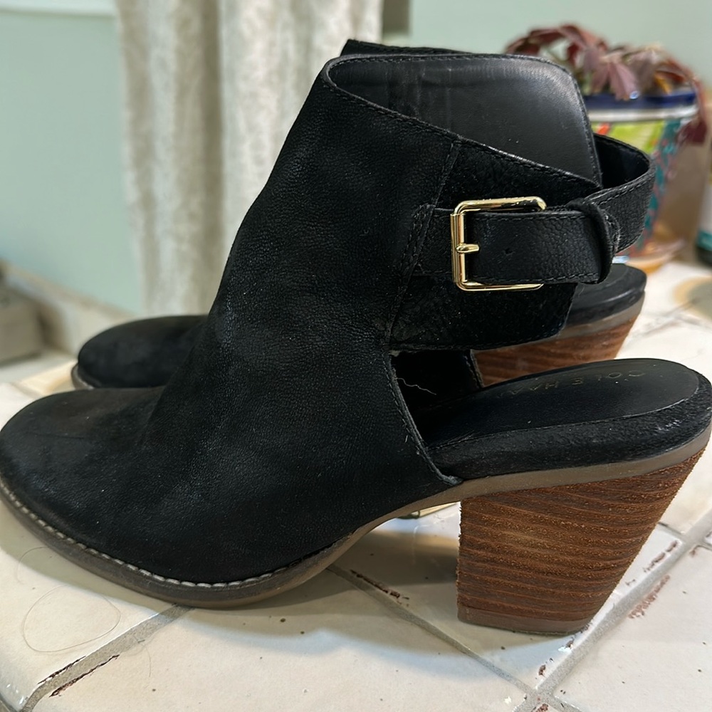 COLE HAAN leather buckle peep heel booties